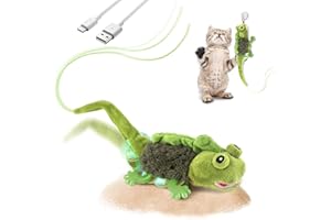 Migipaws Jouet électrique en Peluche de lézard pour Chat - Véritable Balancement et gazouillement - Amusement interactif à Suspendre - avec Herbe à Chat - Rechargeable (Vert)