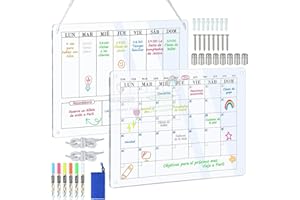 POPRUN Planificador Mensual y Semanal de Acrílico Montado en La Pared,Pizarra Transparente Calendario de Pared Borrables,Organizador Semanal Calendario Cocina,Planificador de Menú 40×30cm - en Español