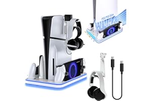 Sehawei Soporte para PS5/PS5 Pro/PS5 Slim con Ventilador de 3 Velocidades, Cargador para Mando PS5 con Luz RGB, Base de Carga PS Portal, Ventilador de Auriculares para PS5/Pro/PS5 Slim Consola