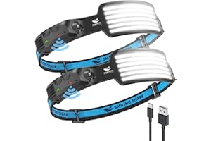Smiling Shark Torcia Frontale, 2 Pack 230°Angolo Ampio 6*Strisce Luce Luminose Bianche Brillante Lampada Frontal Ricaricabile Faro Impermeabile Campeggio Outdoor, Torcia-Frontale-Lampada-LED-Camping