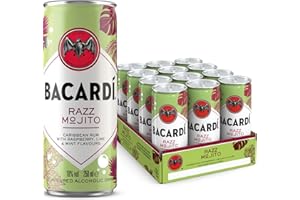 ‎BACARDI BACARDÍ Razz Mojito, 10% vol., 12 x 25 cl/250 ml, Ready-To-Drink Cocktail in der Dose, trinkfertig mit BACARDÍ Razz Rum, Himbeeren, Minze und Limette