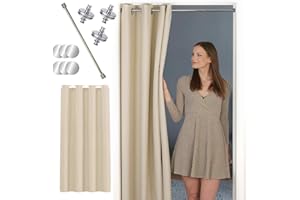‎TINYCURTAINS tinycurtains, Türvorhang mit Vorhangstange & Magneten zum Abdichten, einfache Montage ohne Bohren in 1 Min (200 x 150 cm beige + Stange Silber 55-90 cm + 6 Magnete)