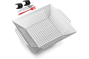 Grillkorb aus Edelstahl, GIKPAL Große Grillschale Gemüsekorb für Grills und Geräuchert Gemüse, Grillpfanne mit Kochzange, Backpinsel und Topflappen, 35.5 x 31.5 x 6 cm