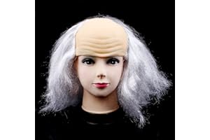 XINCHIUK Bald Head Wig Halloween White Bald Wig Funny Old Man Bald Wig Novelty Scientist Cosplay Wig Cap Half Bald Wig Crazy Scientist Wig Mad Professor Wig for Women Men Teens Halloween Costume Party Supplies