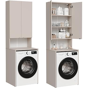 ADGO badkamerkast met 2 wasmanden, hoge badkamerkast, hoge kast, plank, ingebouwde wasmand, wasmand, waszak (glanzend wit/fronten