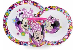 Sorrisini Zestaw naczyń dla dzieci, Zastawa stołowa wielokrotnego użytku, Zestaw posiłków dla niemowląt z talerzem, miska na płatki śniadaniowe, Kubek, Nietłukące się płyty z plastiku, Minnie Mouse