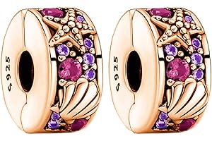 Amuefer 2 Pezzi Clip Charm Compatibili Bracciale, Argento Sterling Sparkling Pavé Lines Cuoricino Stelle Amore Oro Rosa Stopper Spacer Compleanno Natale Gioielli Regali per Donne Moglie Amici