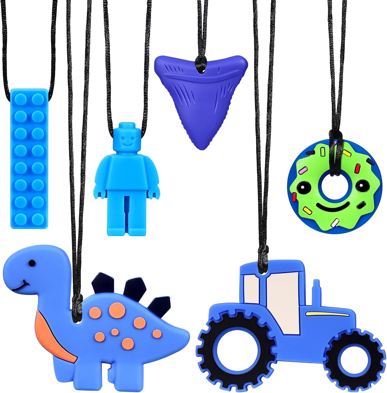 WGIDSKKI 6 Piezas Mordedor Autismo, Collar de Silicona para Masticar en 6 Formas, Mordedor Bebe Refrigerante para Dentición, Niños TDAH y Necesidad de Morder (azul)