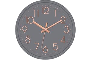 Foxtop Silent Non-Ticking Round Modern Quartz Decorative Battery Operated Wall Clock for Living Room Bedroom Kids Room Office School (Grey Rose Gold, 12 inch)