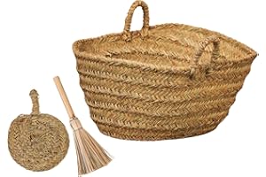 Cesteria Aparici - Leñero de Esparto GRANDE (70cm) + REGALO Escobilla y Aventador. Capazo Ovalado Artesanal para Leña y Almacenaje Rústico. (70x40x32 cm, Ref. 7109-5) PACK.