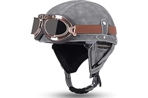 ZYMWBDGD Casco Jet Vintage Omologato ECE,Mezzo Casco Moto Pelle D'epoca Con Occhiali Da Aviatore,Caschi Scooter Caschi Street Cruiser Da Uomo E Da Donna 55-62CM