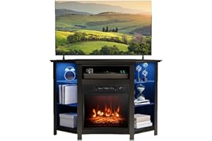 GiantexUK Electric Fireplace Insert TV Stand, Corner Console Entertainment Center with 19” Electric Fire, 16-Color LED Lights, Smart APP Control & Overheat Protection for 50” TVs, 2000W (Black)