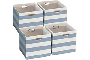 ORGMASTER Collapsible Fabric Storage Cubes, Cubby Storage Organizer Bins Striped Container Baskets for Home Office Wardrobe Closet Shelf, 4 Pack, 33 x 33 x 33 cm, Blue/White