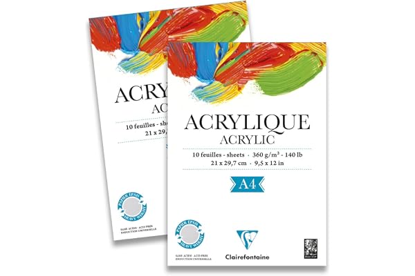 Clairefontaine 96308C - Un bloc encollé 1 côté de papier dessin Acrylique 10 feuilles 21x29,7 cm 360g, Blanc