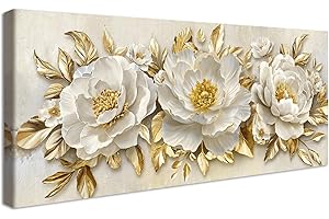HALFLEMART Marco de Madera Grandes Cuadros Decoracion Salon Modernos Lujosas Peonias Blancas con Hojas Doradas Lienzo Decorativos Flores en Flor Beige Pintura Imagen Cuadros Decorativos Salon Dormitorio 50x120cm
