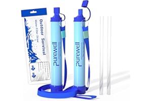 Purewell Paille Filtrante à Eau Survival - Filtre Portable 0.01 Micron Élimine 99.99% Bactéries - Avec Dragonne - Pour Randonnée Camping Urgence - Durée de Vie 1500L Sans BPA - Filtration Eau Potable