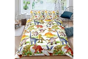 LOUSSIESD Set di biancheria dacon dinosauri e animali dei cartoni animati bambini acquerello dinosauro su bianca copripiumino reversibile 3 pezzi include 1 copripiumino 1 federe persingolo