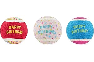 Rosewood Birthday Tennis Balls for Dogs – Pack of 3 Squeaky Fetch Toy Balls, Colourful Celebration-Themed Designs, Dog Birthday Gift, Indoor or Outdoor Active Play & Exercise