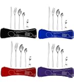 Lot de 6 couverts de camping en acier inoxydable avec couteau, fourchette, cuillère, décapsuleur, pailles, sac de couverts pour voyages en plein air, pique-nique orange