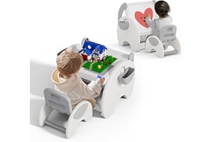 hoopyosms 4-in-1 Set Tavolo e Sedia per Bambini con Vassoio per Blocchi da Costruzione, Tavolo Facile da Pulire, Penna Acquerello, Spazio di Archiviazione, Tavolo Attività Montessori, Grigio