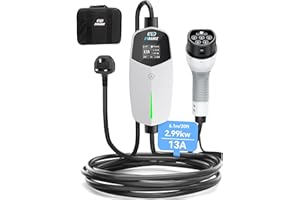 EVDANCE EV Charger Type 2 UK 3 Pin 20ft/6.1m [6/8/10/13A] Portable Electric Car Charger for EV & PHEV, Adjustable Current EV Charger, IP66 Type 2 Charging Cable for Home & Travel, White