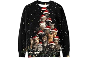 JIANGML Womens Christmas Jumper Cute Cat 3D Printed Pullover, Ladies Straight Shoulder Sweatshirt Xmas Funny Blouse Round Neck Shirt Christmas Novelty Tops Happy Holidays Clothing Winter Comfy Loose Jumpers