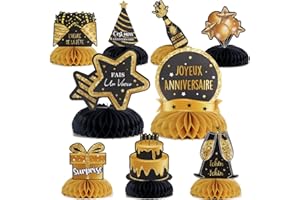 9 Ensembles Décorations Anniversaire en Français Centres de Table Nid d'Abeille Joyeux Anniversaire Accessoires Décorations Cellulaire Happy Birthday Hommes Femme Fournitures de Fête Anniversaire