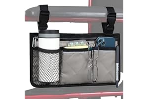 HSGEZUOQI Wheelchair Side Bag, Armrest Storage Pouch with Cup Holder and Reflective Strip for Wheelchairs, Walkers or Rollators (Grey)
