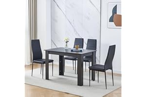 PANTANAL Modern Black Dining Table and Pu Leather Chairs Set of 4 for Small Space, 5pcs Kitchen Rectangular Table with 4 Seater Chairs