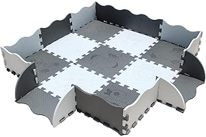 meiqicool Alfombrillas para Puzzles | Alfombra Puzzle para Niños Bebe Infantil Suelo de Goma EVA Suave 116 x 116 cm 9 Piezas 12 Tiras Laterales, 4 Esquinas Blanco Gris