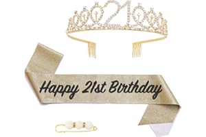 POPOYU 21st Birthday Girl Sash and Tiara,Gold 21st Birthday Crown and Sash for Her,Girls 21stBirthday Decorations Party Accessories,BirthdayCrown Costume Set for Girls 21st.Birthday Gifts