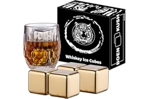 BOENKUSH Whisky Steine – 4 große 64 cm³ wiederverwendbare Edelstahl Metall Eiswürfel Getränke kühl Whisky steine für Rotwein, Bier, Scotch, Wodka-Getränke – Golden Geschenkset für Männer