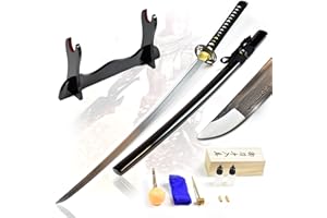 Swords and more Akito, handgeschmiedet & gefaltet, Set – Samurai Schwerter echt scharf mit Schwertpflegeset, Carbon Stahl Katana Schwert 102 cm – Samurai Schwert für Tameshigiri, schwarz