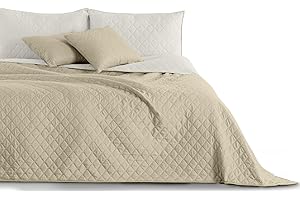 DecoKing Tagesdecke Bettüberwurf 220x240 cm Beige Weiß Steppdecke Überwurf Zweiseitig Gesteppt Prägemuster Rauten Latte Ecru Axel