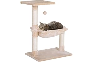 PawHut Albero Tiragraffi per Gatti in Legno e Peluche, Torre per Gatti con Pallina Appesa e Amaca, 50x36x70 cm, Beige