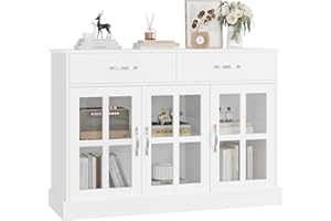 FirFurd Aparadores para Salón, Aparador Cocina, Aparador Comedor, Vitrina Salón, Vitrinas Expositora, con 3 Puertas de Cristal, 2 Cajones, Estantes Ajustables, Madera y Cristal, Blanco, 120x40x84cm