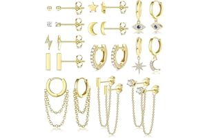 JeweBella 12Paires Petite Boucles d'oreilles Femme Acier Innoxydable Étoile Lune Mini Boucles d'oreilles Creoles Pendantes avec Chaîne Hypoallergénique Zircon Creoles Or/Argent