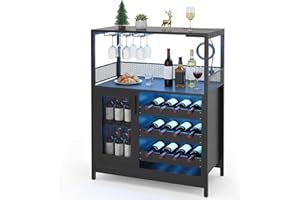 Warmiehomy Wine Bar Cabinet with Power Socket & LED Lights, Wooden Kitchen Storage Cupboard Sideboard, Freestanding Drink Cabinet for Living Room, Mini Bar, Dining Room, Bedroom, Office, Black