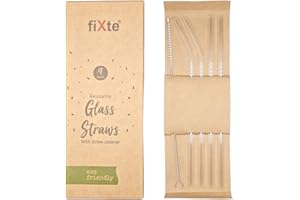 fiXte Reusable Glass Drinking Straws with Cleaning Brush Eco Friendly Party Summer Use Birthday Smoothie Milk Shake Clear Water Juice Straw Hot and Cold Drinks (Pack of 4)
