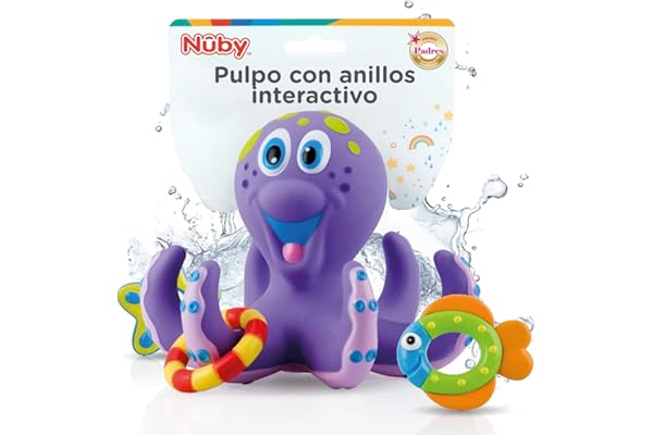 Nuby - Juguete de baño Bebe - Juguete Pulpo Flotante con Anillos para lanzar a los tentáculos - Estimula la coordinación Ojo-Mano - 18+ Meses - Violeta - Flota en Agua - Pulpo Agua Niños