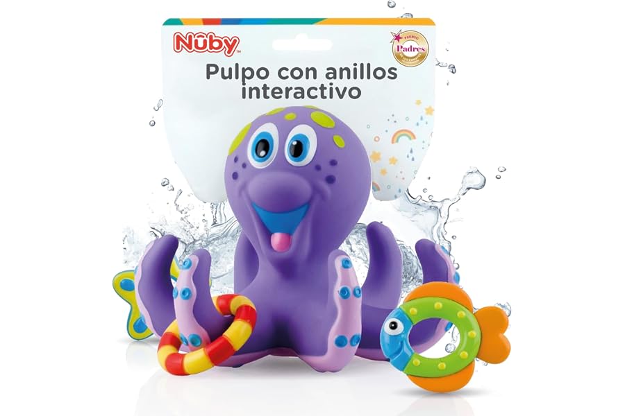 Nuby - Juguete de baño Bebe - Juguete Pulpo Flotante con Anillos para lanzar a los tentáculos - Estimula la coordinación Ojo-