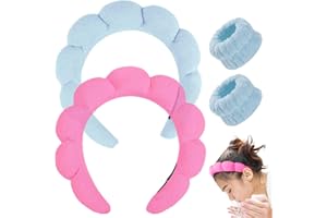 UOOUOO Spa Headband for Washing Face, Makeup Headband, Bubble Skincare Headbands with Face Wash Wristbands, Terry Cloth Headband Soft Puffy Headbands for Women Gifts (Rose pink+Blue)