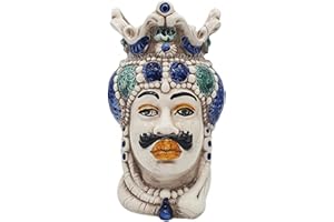 Sicilia Bedda - Teste di Moro Siciliane Ceramica di Caltagirone - Altezza 13 Centimetri - Arredo Casa (Uomo Corona Verde e Blu)