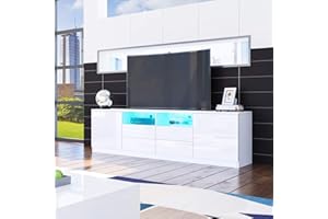 Senvoziii LED TV Stand Unit, White High Gloss Front Sideboard TV Cabinet with 2 Doors 4 Drawers for Bedroom Living Room 180cm