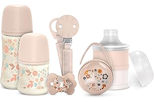 Suavinex, Set Regalo Recién Nacido. Kit Biberones Anticólicos de 150 ml y 270 ml + Chupete 0/6 Meses con Tetina Fisiológica SX Pro + Dosificador de Leche + Portachupetes + Chupetero. Wonderland Rosa