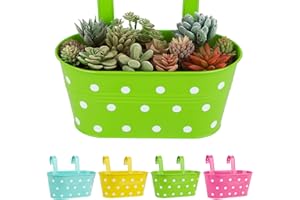 BOFUNX 4Pcs Metal Hanging Flower Pots, Iron Hanging Plant Pots Colorful Dots Planters with Detachable Hooks for Railing Fence Balcony Garden Home Decoration