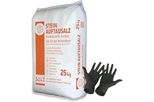 PARADIES POOL 25 kg Stein Auftausalz (1 x 25 kg) Streumittel Streusalz KL-M Schnee Winter Eis Frost Premium inklusiv 1 Paar ARNOMED Einweghandschuh