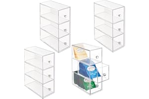 ‎MDESIGN mDesign Lumiere-Kollektion Aufbewahrungsbehälter aus Kunststoff, stapelbar, mit 3 Schubladen für Schrank, Arbeitsplatte, für Kaffee, Tee, Zuckerpackungen, Milchkännchen, 4 Stück, transparent