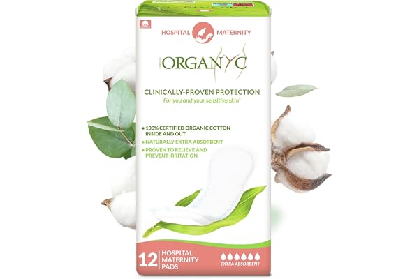 Organyc Serviettes Hygiéniques Post Partum 100% Coton Bio Maternité Ultra Absorbantes Hypoallergéniques Sans Chlore - 12 serviettes