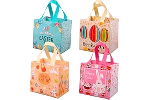 VOLSHA Easter Tote Bags with Handles, Non-Woven Reusable Gift Bag Bunny Easter Egg Hunt Party Treat Bag Waterproof Goodie Bag for Holiday Favors (4 Pack)